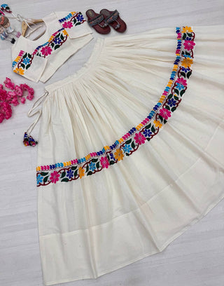 Off White Exquisite Pure Kora Cotton Navratri Lehenga Choli with Gamthi & Mirror Handwork ClothsVilla