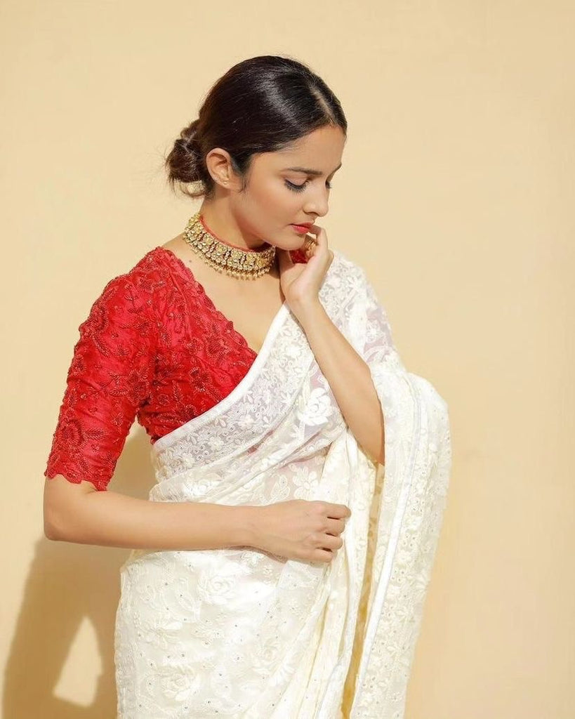 Off White Eye-Catching Bollywood Elegance: Rangoli Silk Saree with Sequined Blouse ClothsVilla