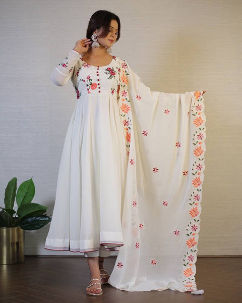 Off-White Floral Embroidered Georgette Anarkali Suit with Dupatta ClothsVilla Main image