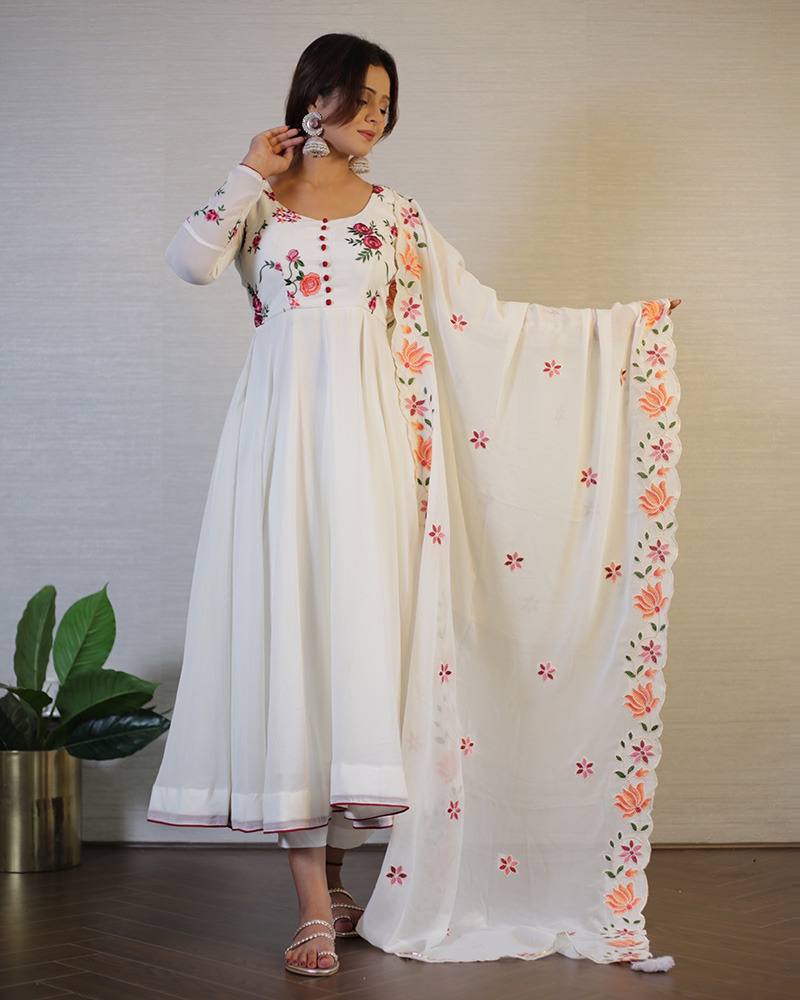 Off-White Floral Embroidered Georgette Anarkali Suit with Dupatta ClothsVilla