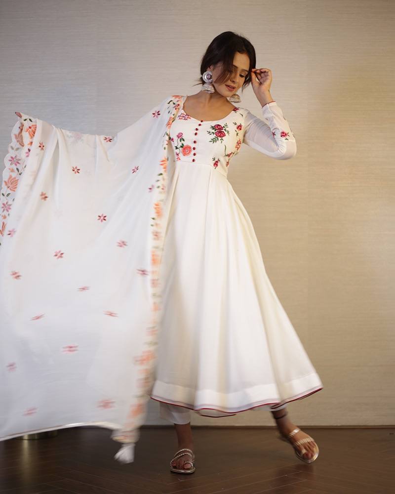 Off White Embroidered Silk Anarkali Suit Set