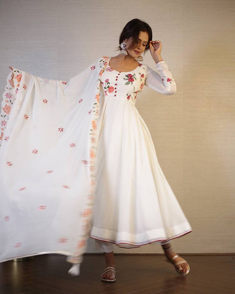Off White Printed Georgette Anarkali Suit Set With Dupatta