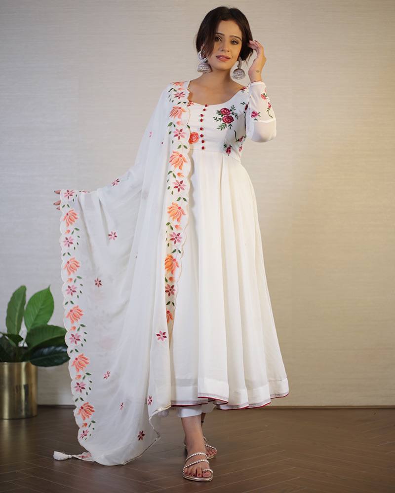 Off-White Floral Embroidered Georgette Anarkali Suit with Dupatta ClothsVilla