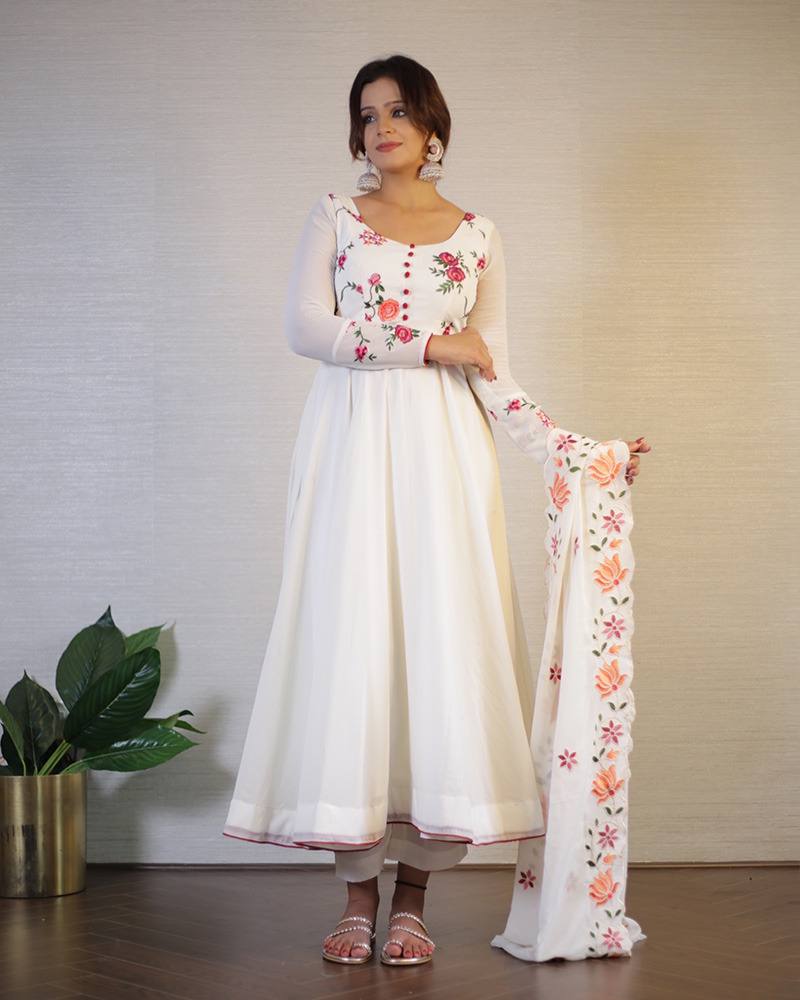 Off-White Floral Embroidered Georgette Anarkali Suit with Dupatta ClothsVilla