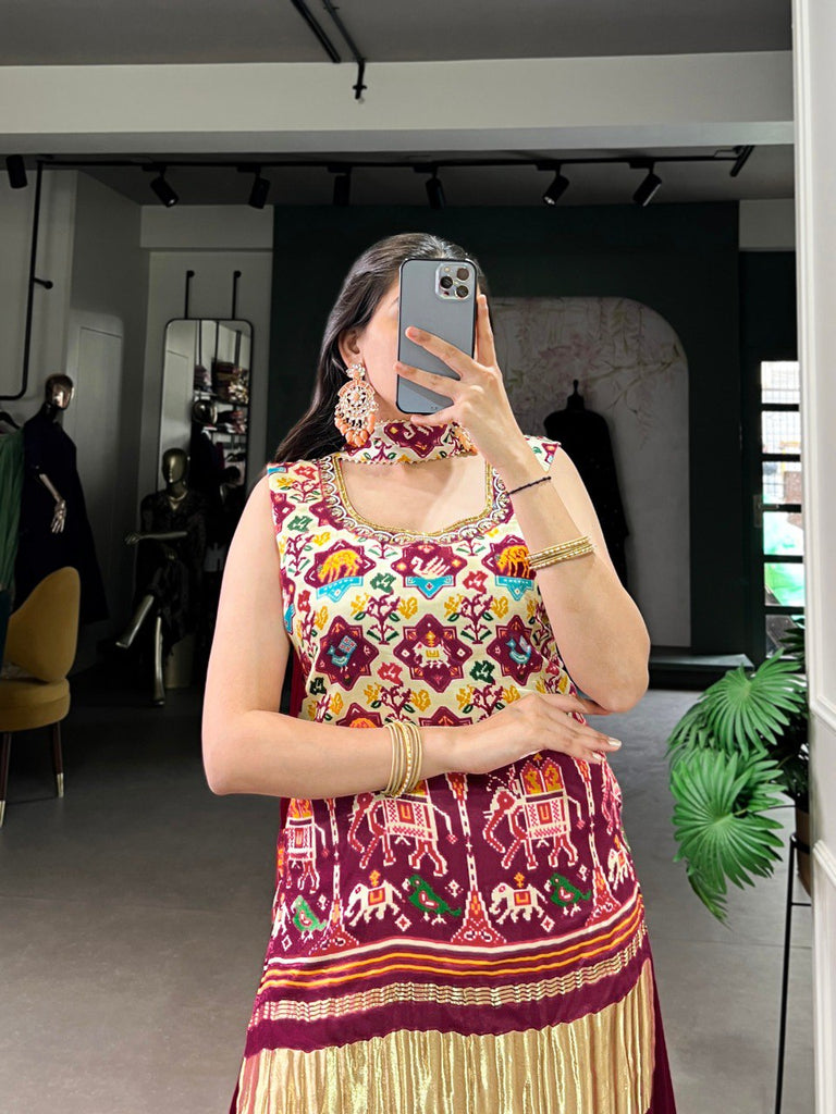 Off White Gaji Silk Printed & Handwork Kurti Set with Georgette Plazo and Dupatta – Fully Stitched ClothsVilla