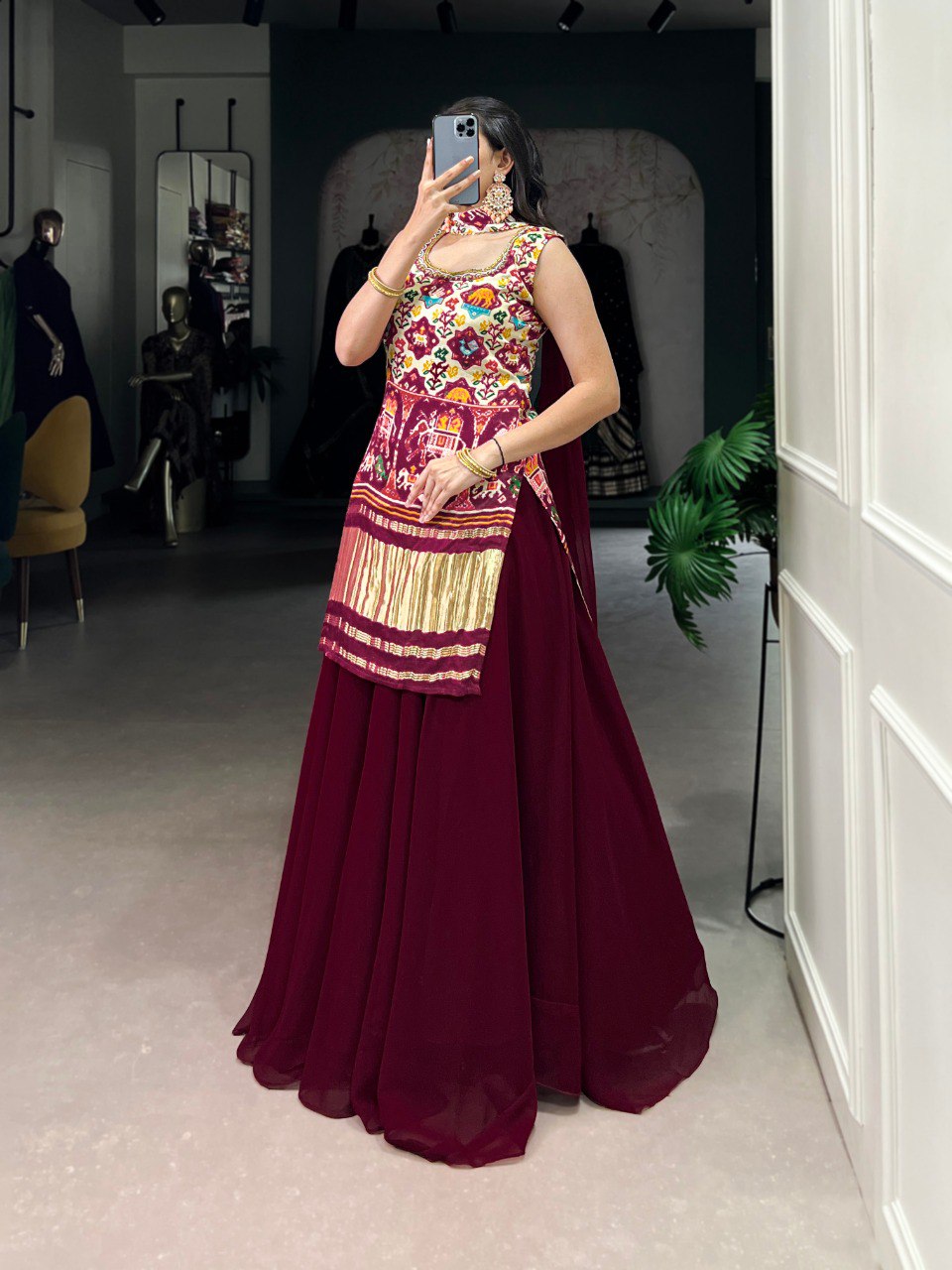 Off White Gaji Silk Printed & Handwork Kurti Set with Georgette Plazo and Dupatta – Fully Stitched ClothsVilla