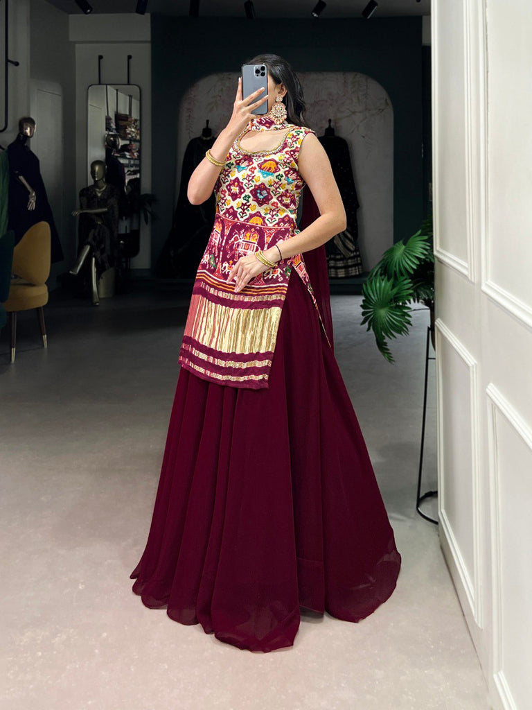 Off White Gaji Silk Printed & Handwork Kurti Set with Georgette Plazo and Dupatta – Fully Stitched ClothsVilla