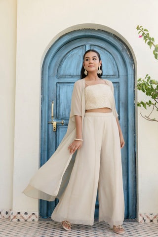 Off White Georgette Gotta Patti 3-Piece Set with Palazzo & Shrug – Fully Stitched & Ready to Wear ClothsVilla