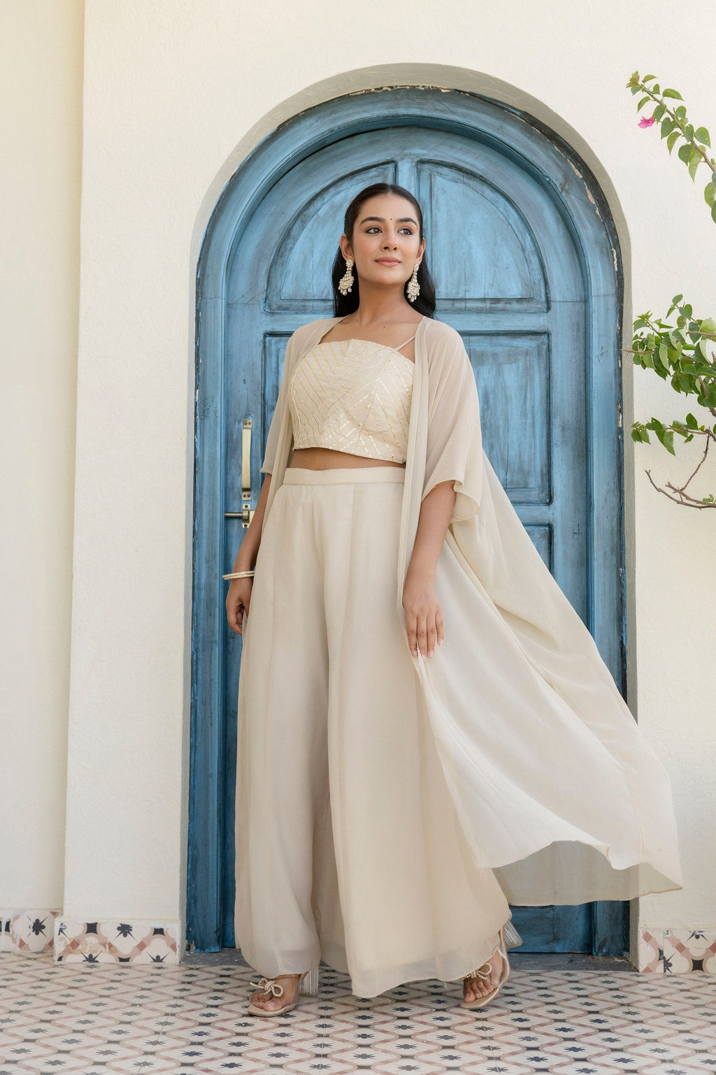 Off White Georgette Gotta Patti 3-Piece Set with Palazzo & Shrug – Fully Stitched & Ready to Wear ClothsVilla
