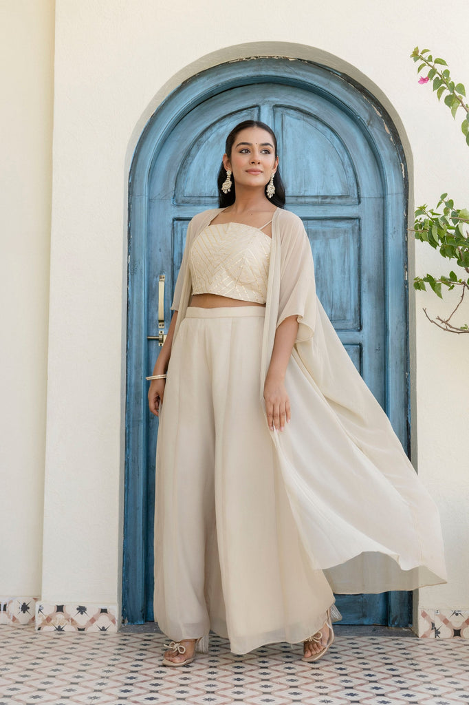 Off White Georgette Gotta Patti 3-Piece Set with Palazzo & Shrug – Fully Stitched & Ready to Wear ClothsVilla