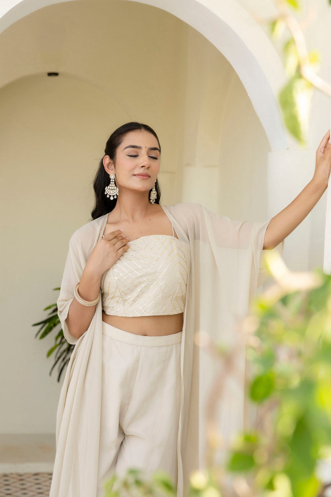 Off White Georgette Gotta Patti 3-Piece Set with Palazzo & Shrug – Fully Stitched & Ready to Wear ClothsVilla