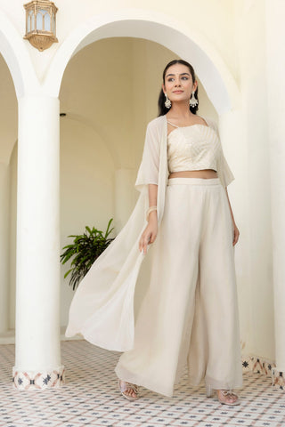 Off White Georgette Gotta Patti 3-Piece Set with Palazzo & Shrug – Fully Stitched & Ready to Wear ClothsVilla