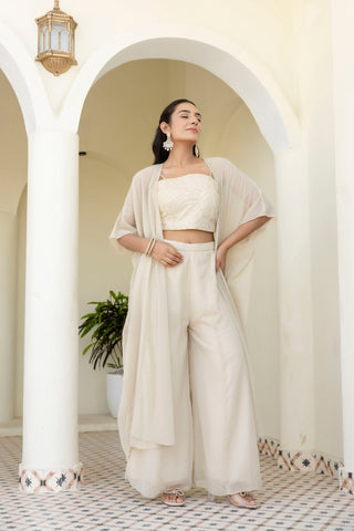 Off White Georgette Gotta Patti 3-Piece Set with Palazzo & Shrug – Fully Stitched & Ready to Wear ClothsVilla