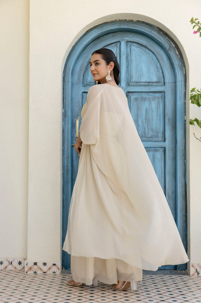 Off White Georgette Gotta Patti 3-Piece Set with Palazzo & Shrug – Fully Stitched & Ready to Wear ClothsVilla