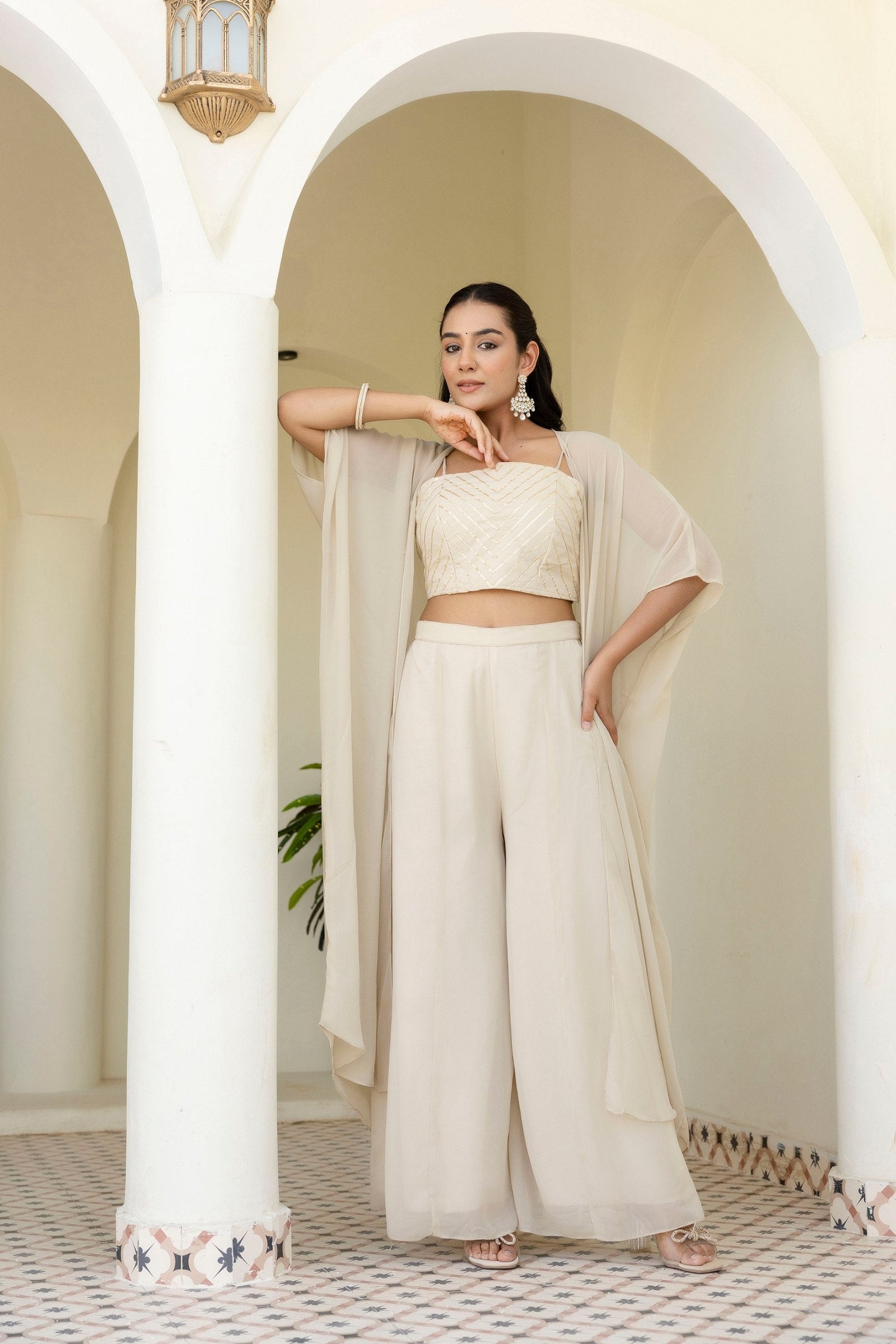 Off White Georgette Gotta Patti 3-Piece Set with Palazzo & Shrug – Fully Stitched & Ready to Wear ClothsVilla