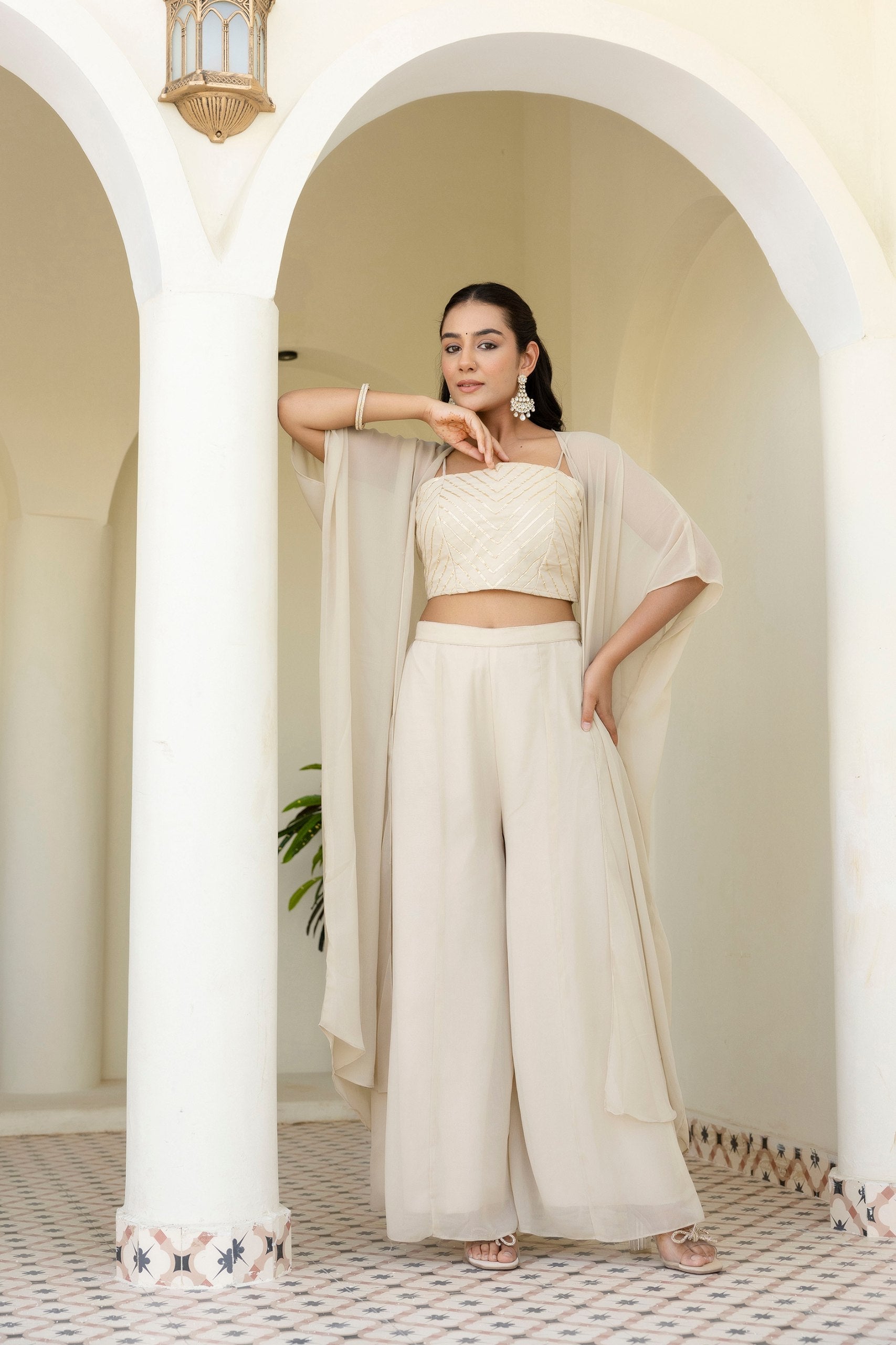 Off White Georgette Gotta Patti 3-Piece Set with Palazzo & Shrug – Fully Stitched & Ready to Wear ClothsVilla