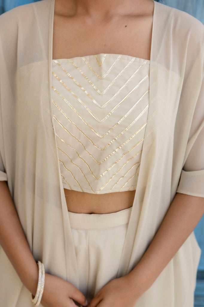 Off White Georgette Gotta Patti 3-Piece Set with Palazzo & Shrug – Fully Stitched & Ready to Wear ClothsVilla