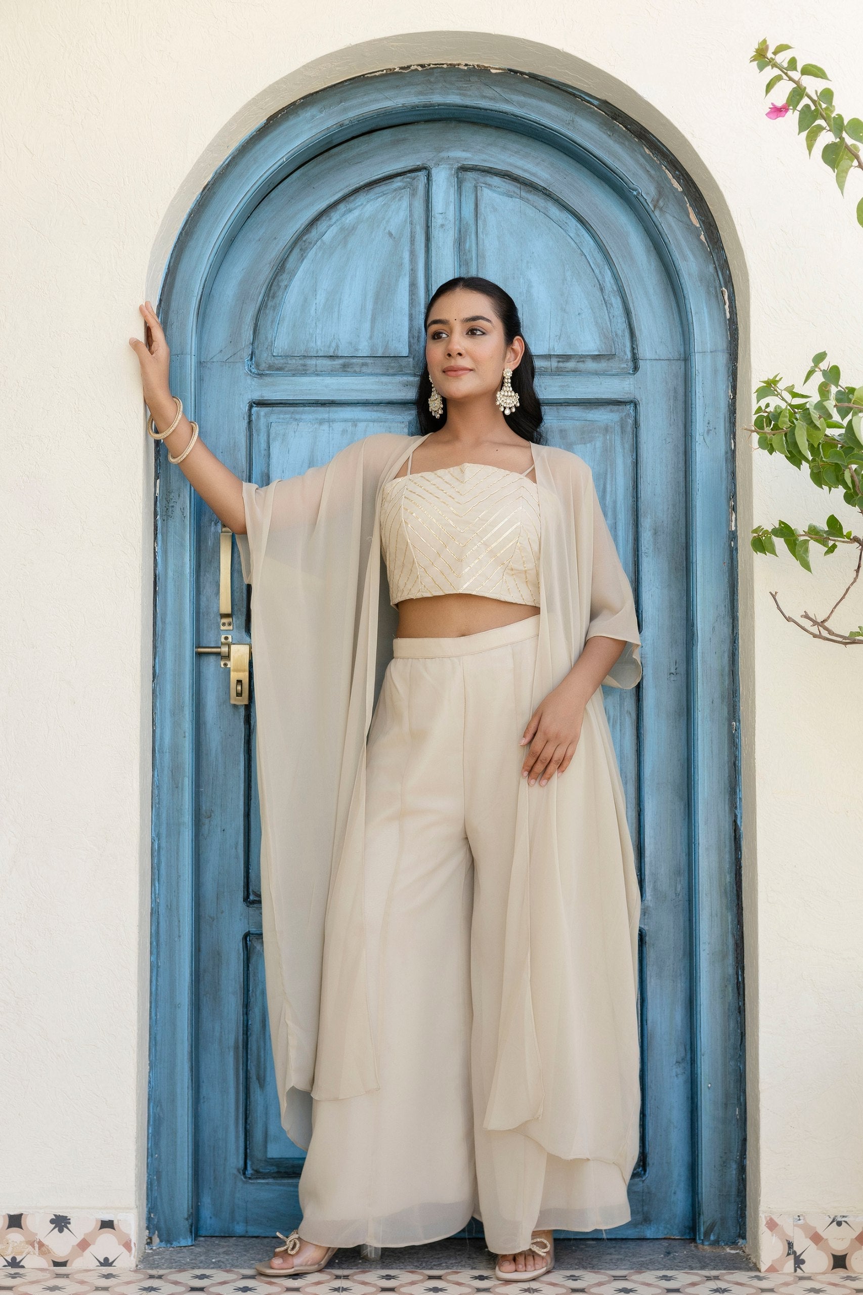 Off White Georgette Gotta Patti 3-Piece Set with Palazzo & Shrug – Fully Stitched & Ready to Wear ClothsVilla