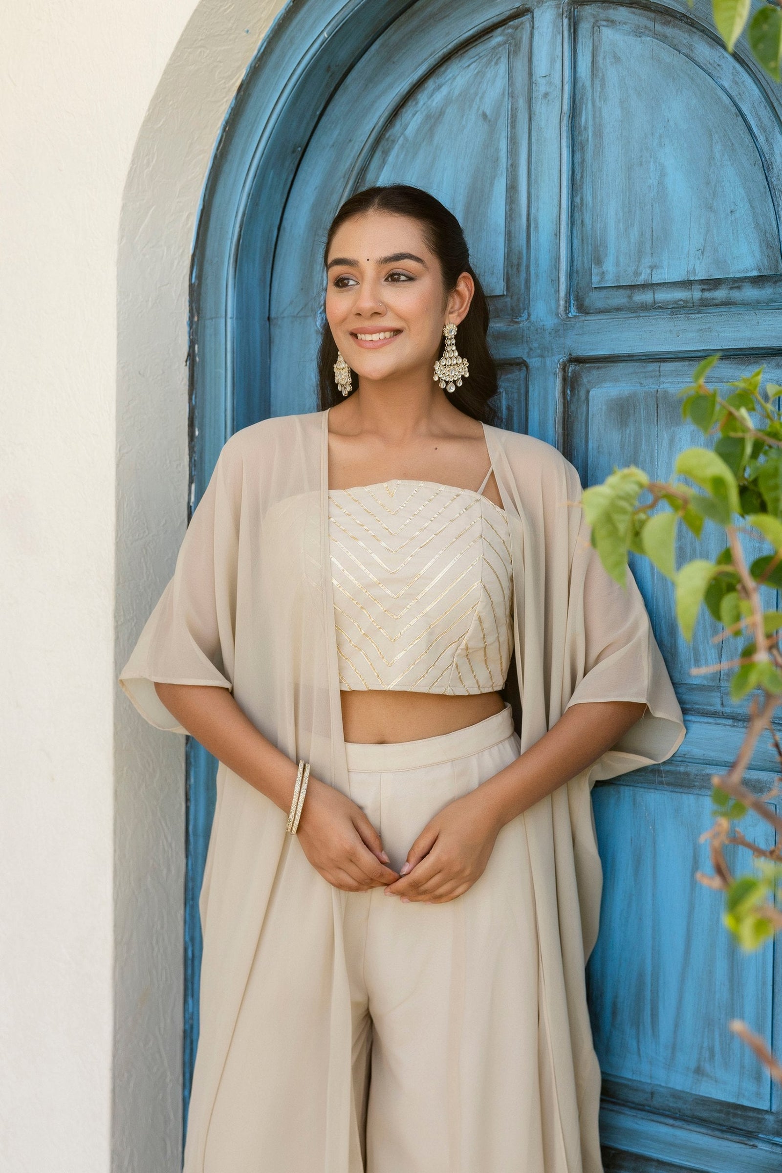 Off White Georgette Gotta Patti 3-Piece Set with Palazzo & Shrug – Fully Stitched & Ready to Wear ClothsVilla