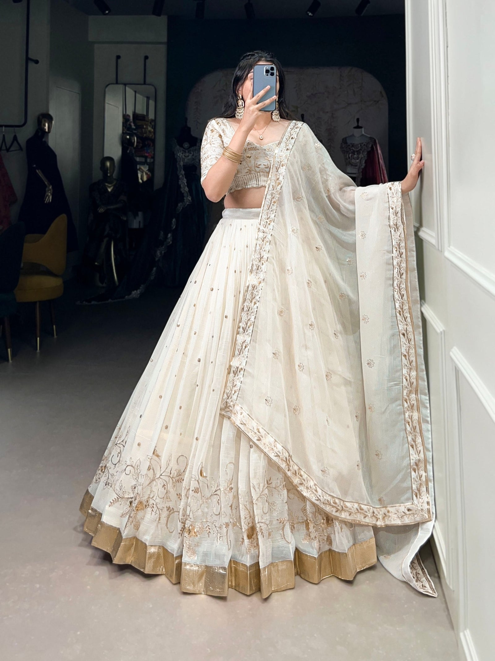 Off-White Glam Silver Glosy Lehenga Set ClothsVilla