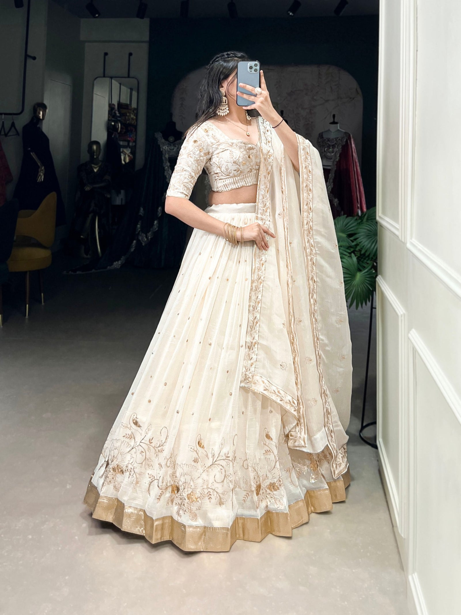 Off-White Glam Silver Glosy Lehenga Set ClothsVilla