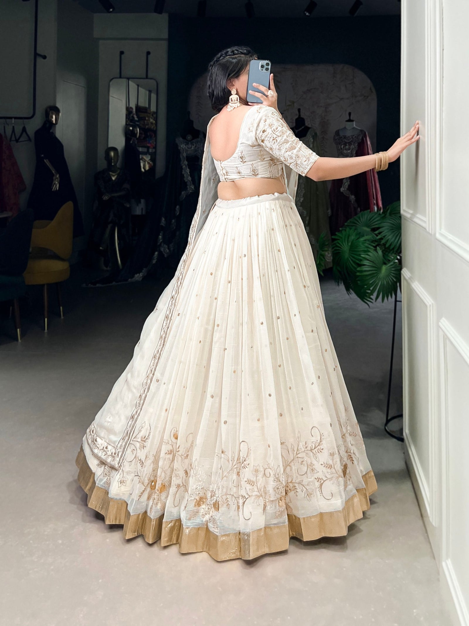 Off-White Glam Silver Glosy Lehenga Set ClothsVilla