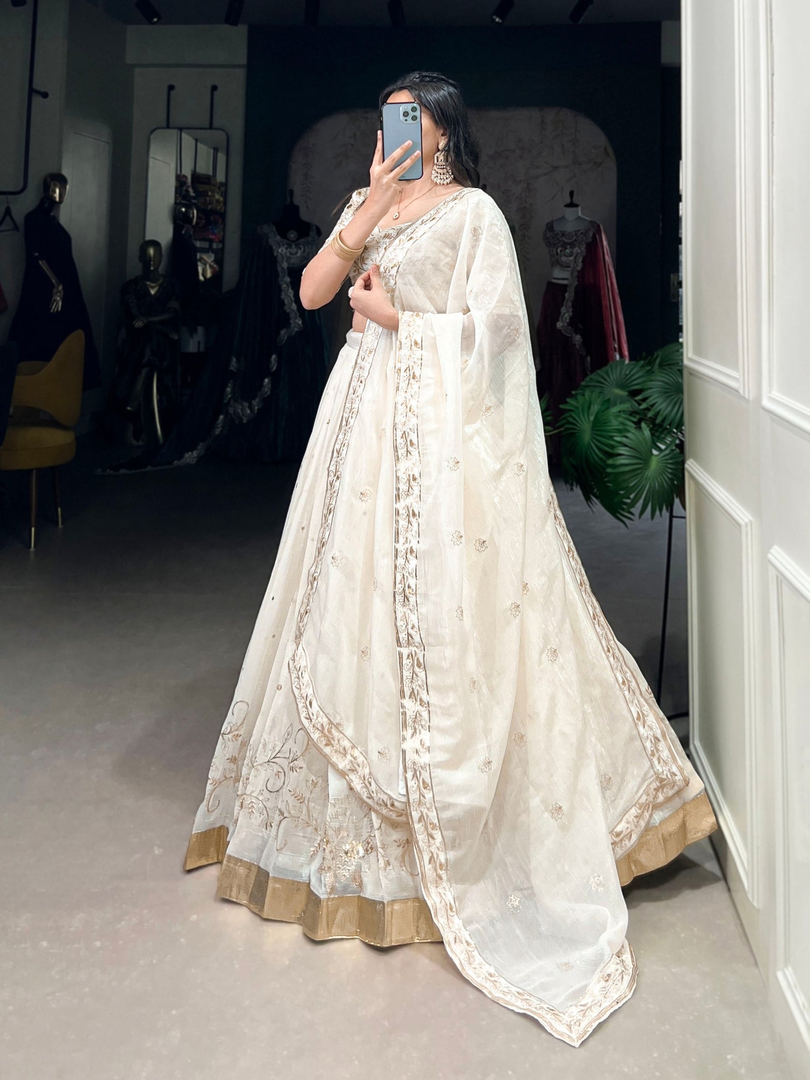Off-White Glam Silver Glosy Lehenga Set ClothsVilla