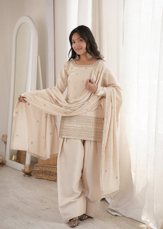 Off White Glass Silk Farshi suit ClothsVilla