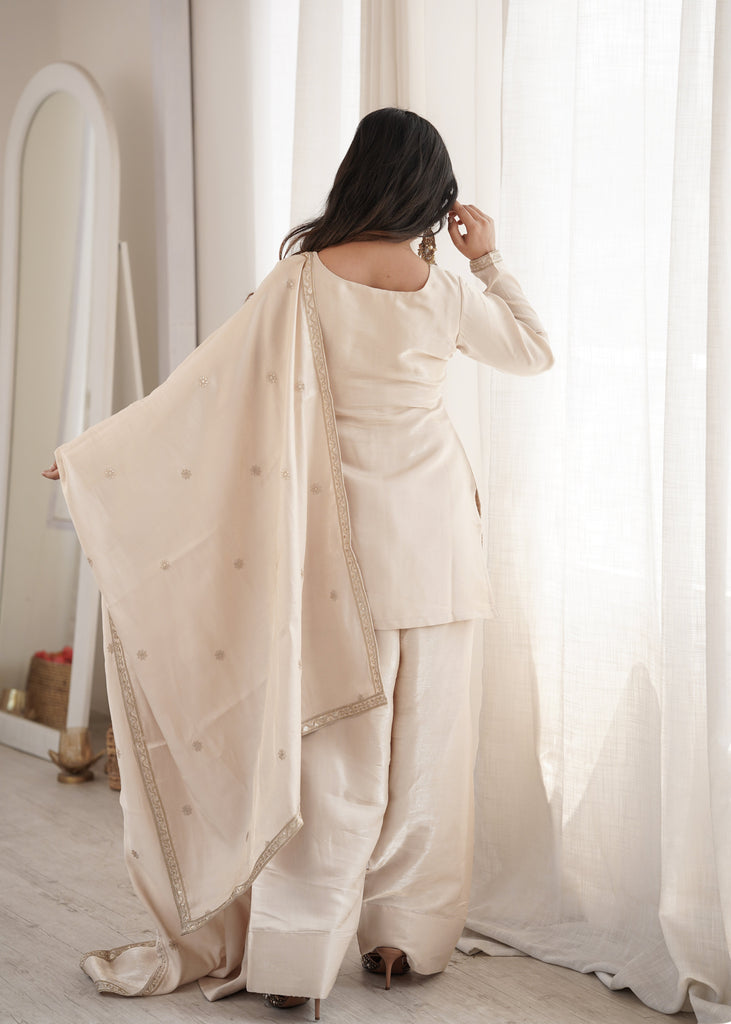 Off White Glass Silk Farshi suit ClothsVilla