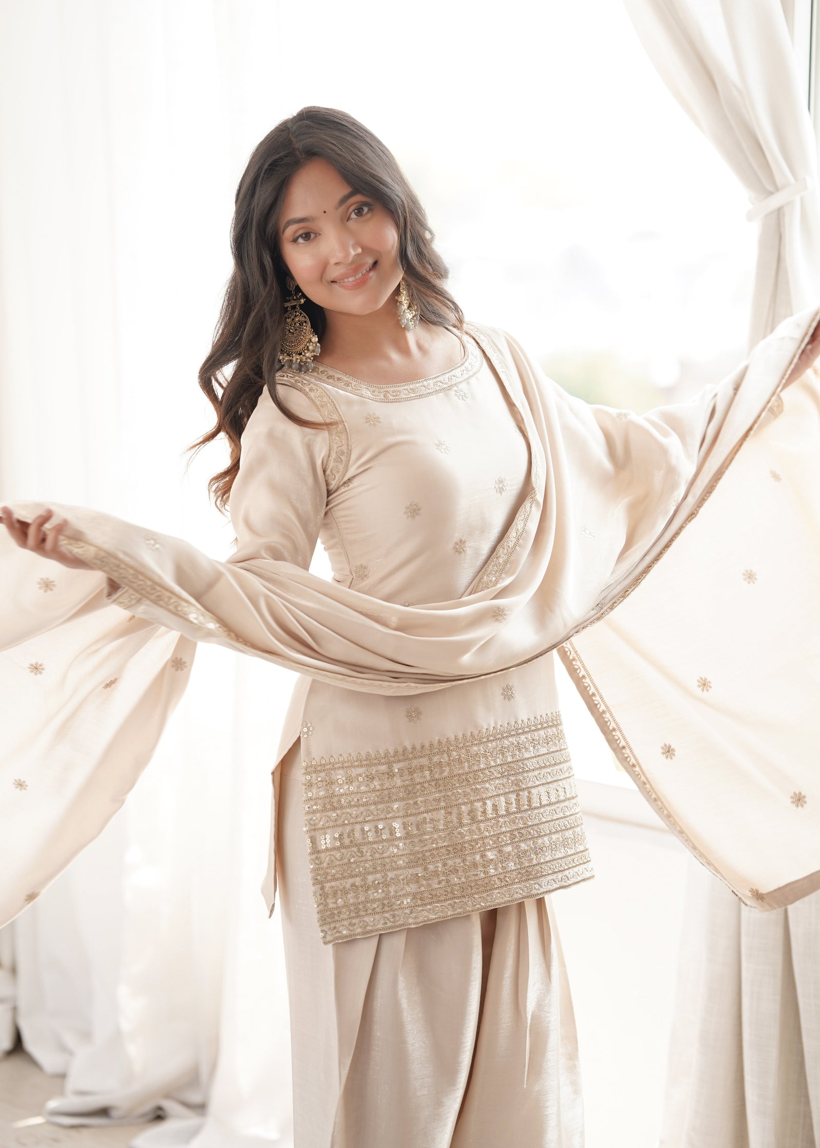 Off White Glass Silk Farshi suit ClothsVilla