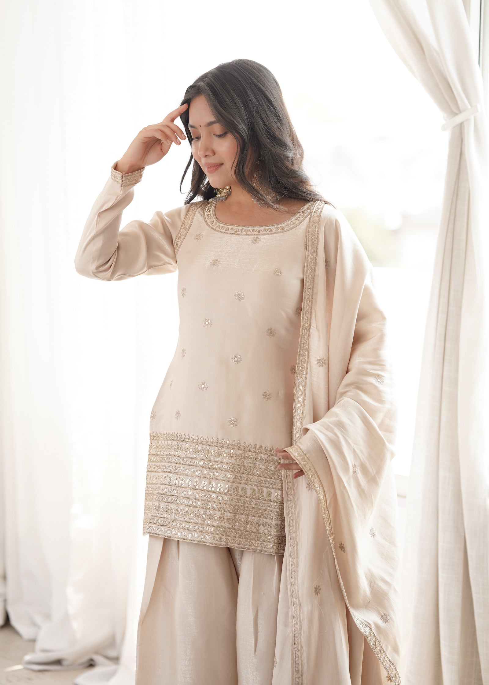 Off White Glass Silk Farshi suit ClothsVilla