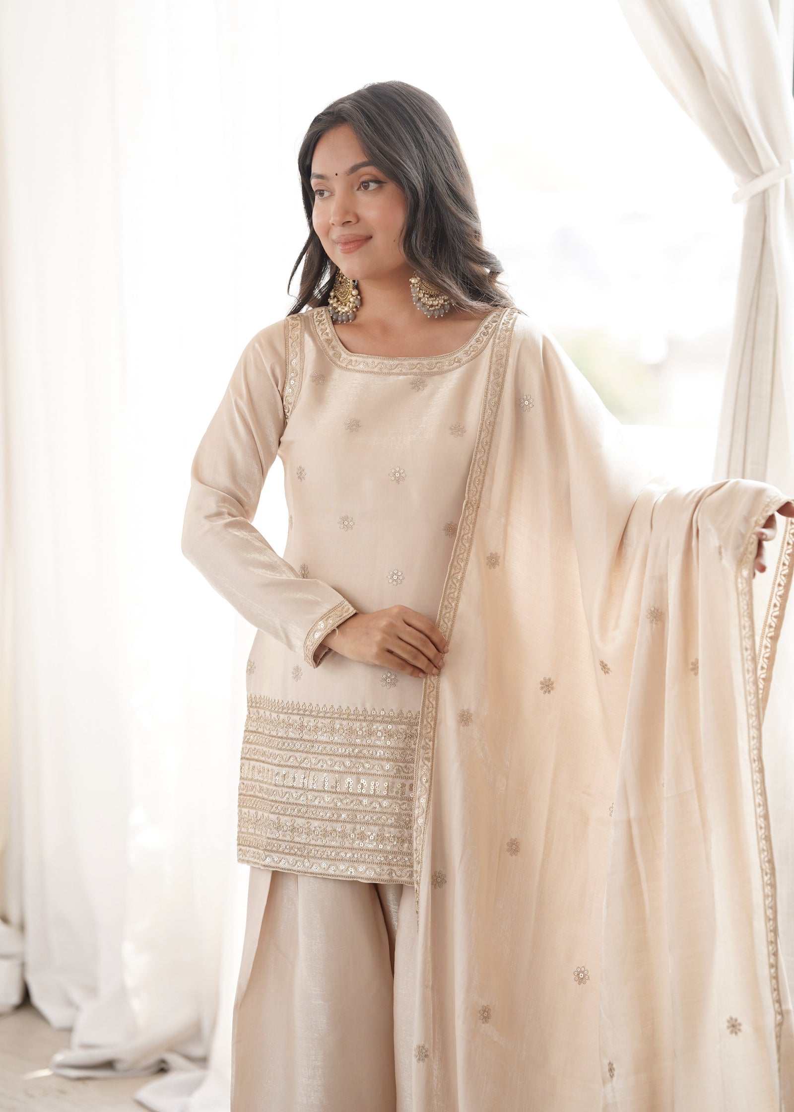 Off White Glass Silk Farshi suit ClothsVilla