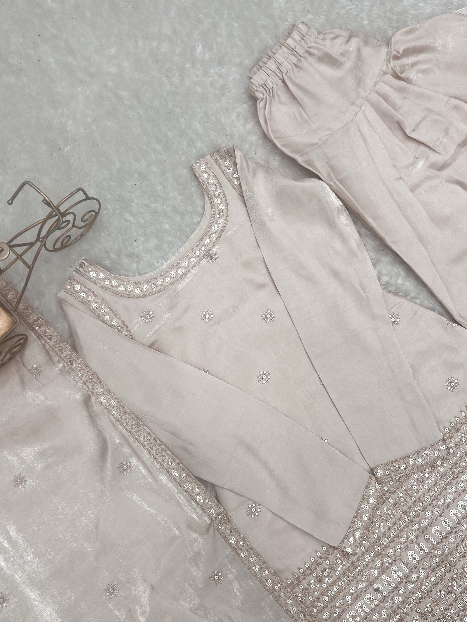 Off White Glass Silk Farshi suit ClothsVilla