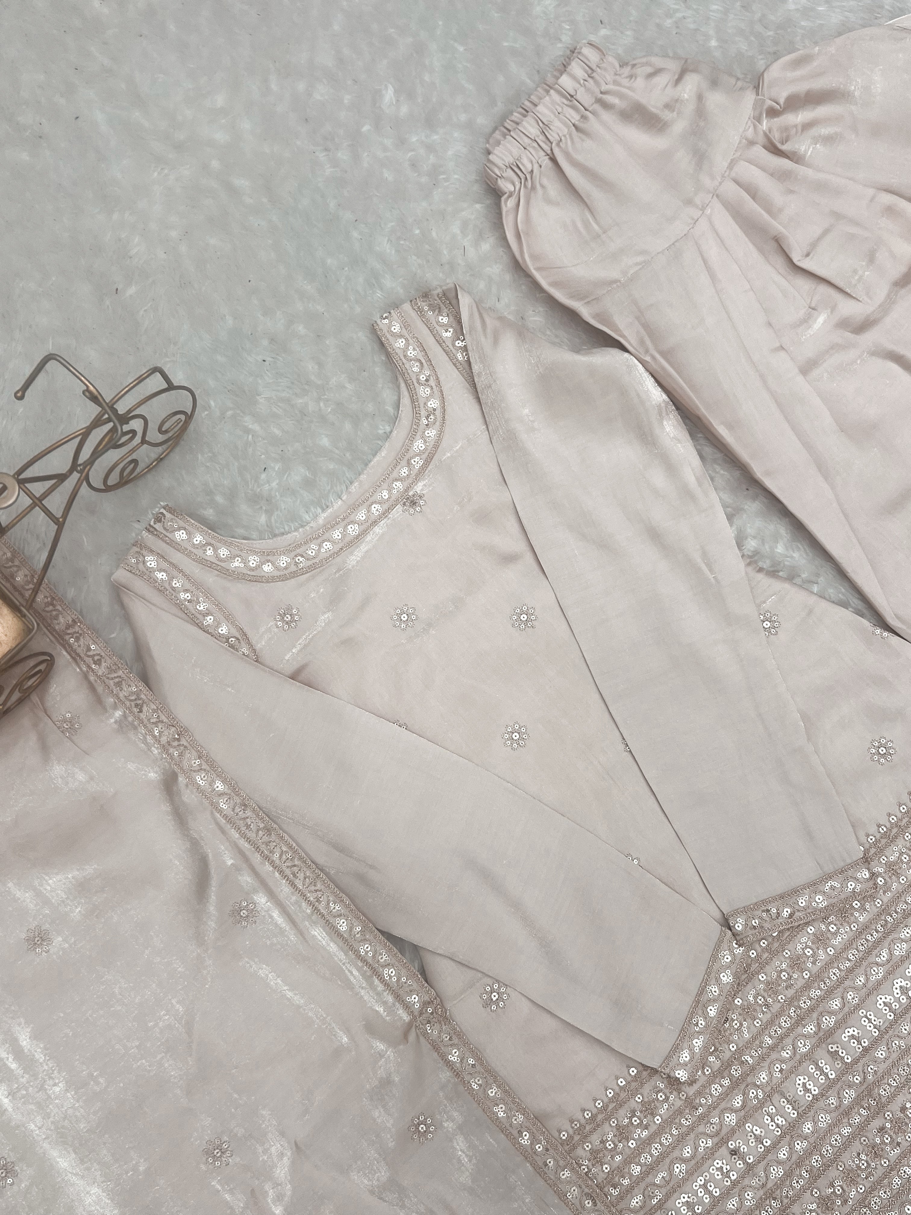 Off White Glass Silk Farshi suit ClothsVilla