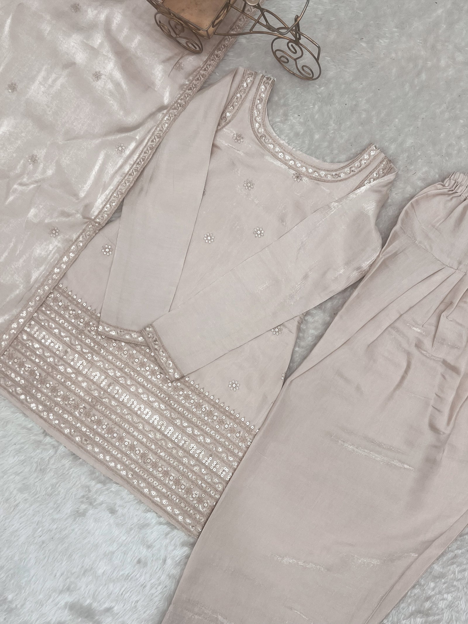 Off White Glass Silk Farshi suit ClothsVilla