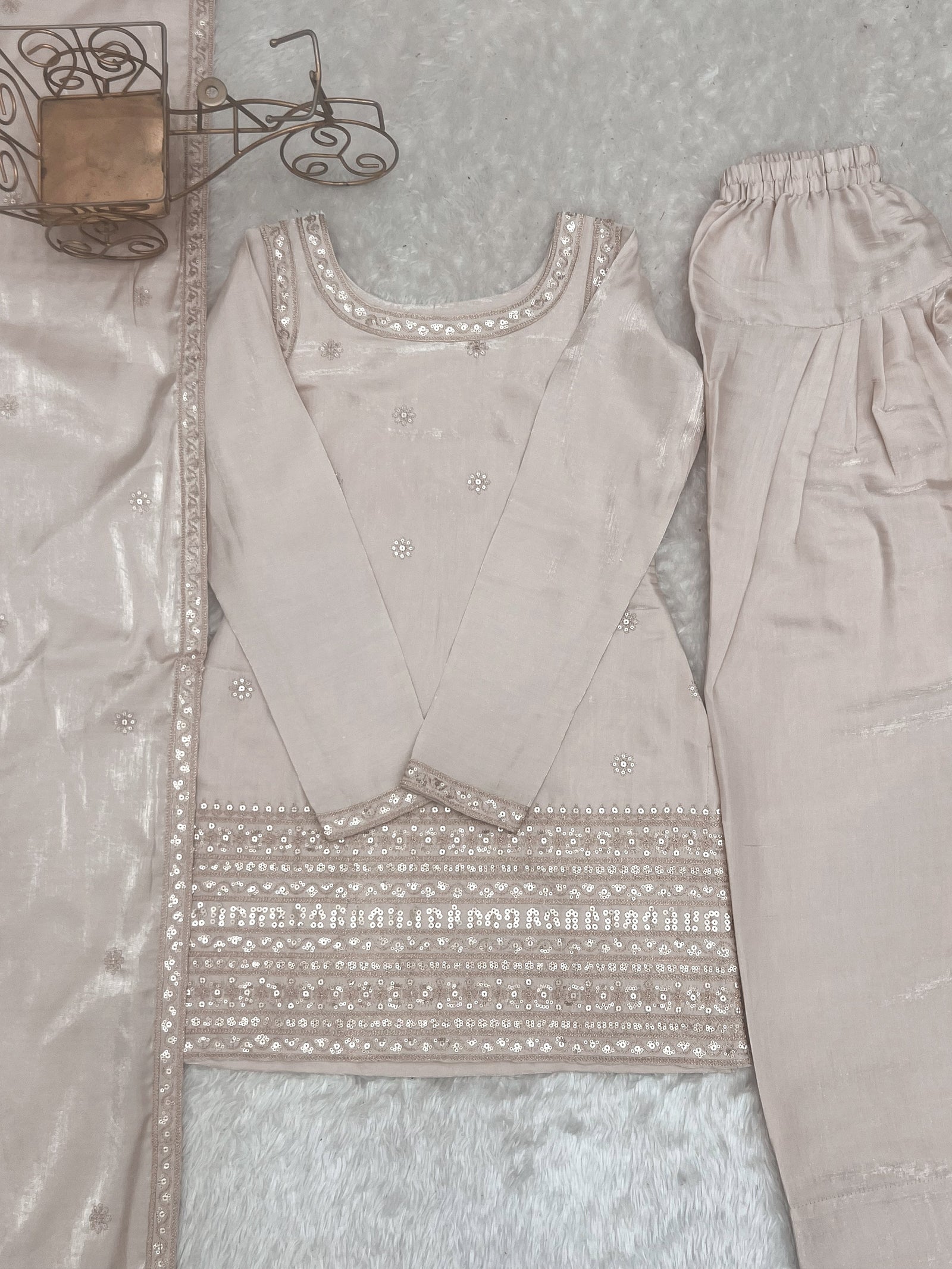 Off White Glass Silk Farshi suit ClothsVilla