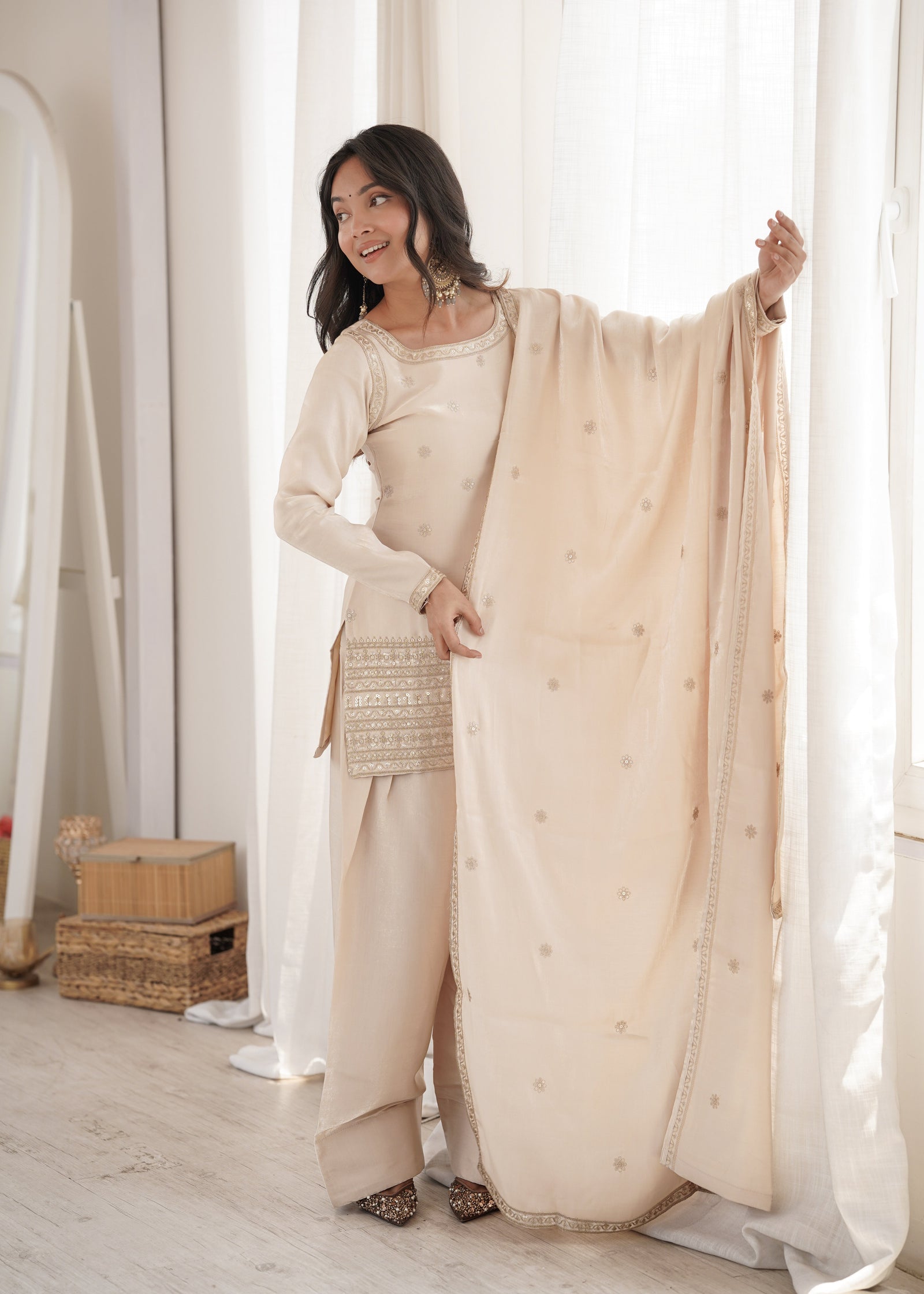 Off White Glass Silk Farshi suit ClothsVilla