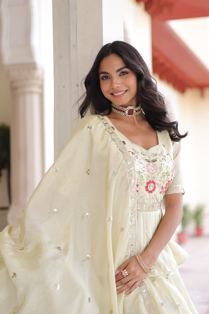 Off White Gold Crush Embroidered Lehenga Choli Set – with Multi Thread Zari & Sequins Work, Designer Peplum Blouse & Heavy Embroidered Dupatta ClothsVilla