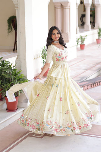 Off White Gold Crush Embroidered Lehenga Choli Set – with Multi Thread Zari & Sequins Work, Designer Peplum Blouse & Heavy Embroidered Dupatta ClothsVilla