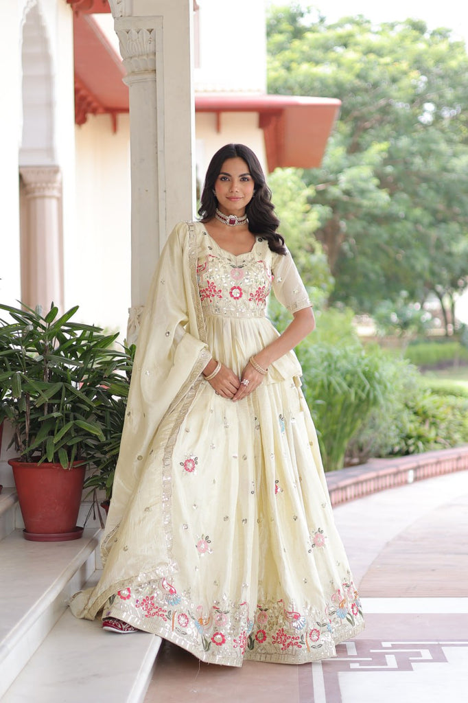 Off White Gold Crush Embroidered Lehenga Choli Set – with Multi Thread Zari & Sequins Work, Designer Peplum Blouse & Heavy Embroidered Dupatta ClothsVilla