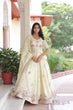 Load image into Gallery viewer, Off White Gold Crush Embroidered Lehenga Choli Set – with Multi Thread Zari &amp; Sequins Work, Designer Peplum Blouse &amp; Heavy Embroidered Dupatta ClothsVilla