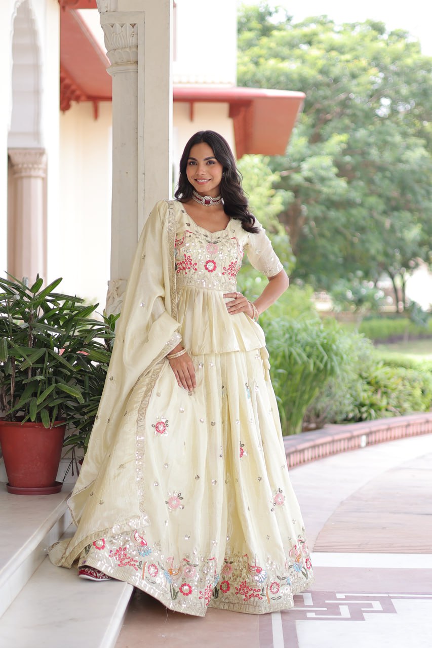 Off White Gold Crush Embroidered Lehenga Choli Set – with Multi Thread Zari & Sequins Work, Designer Peplum Blouse & Heavy Embroidered Dupatta ClothsVilla