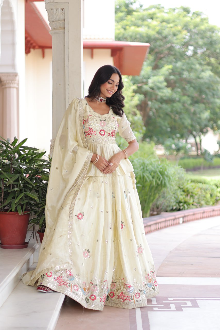 Off White Gold Crush Embroidered Lehenga Choli Set – with Multi Thread Zari & Sequins Work, Designer Peplum Blouse & Heavy Embroidered Dupatta ClothsVilla