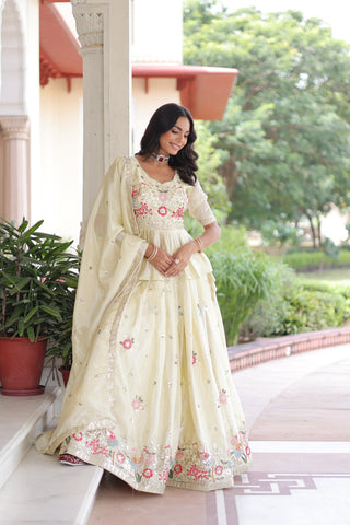 Off White Gold Crush Embroidered Lehenga Choli Set – with Multi Thread Zari & Sequins Work, Designer Peplum Blouse & Heavy Embroidered Dupatta ClothsVilla
