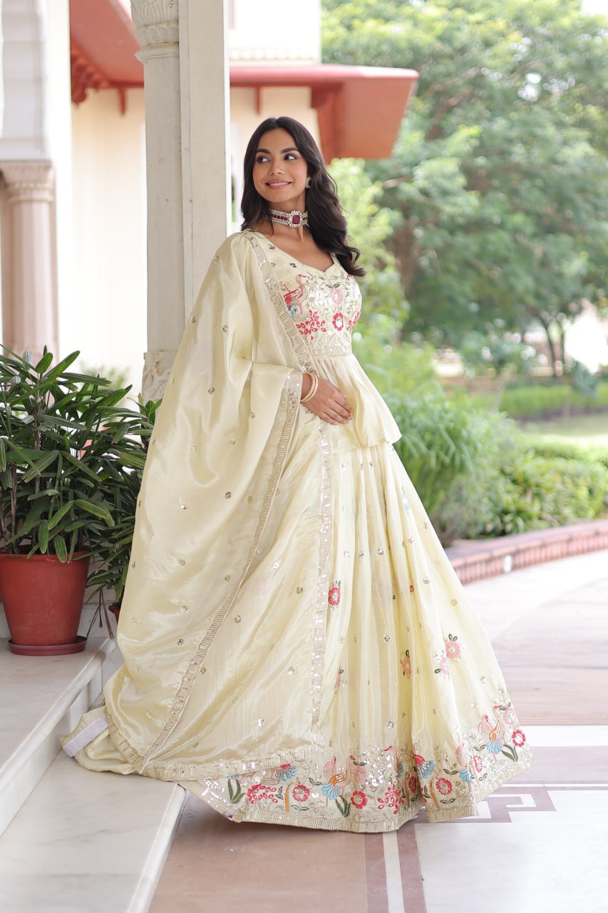 Off White Gold Crush Embroidered Lehenga Choli Set – with Multi Thread Zari & Sequins Work, Designer Peplum Blouse & Heavy Embroidered Dupatta ClothsVilla