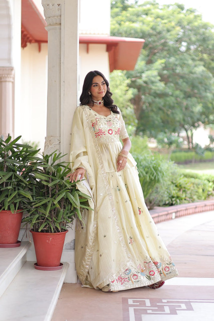 Off White Gold Crush Embroidered Lehenga Choli Set – with Multi Thread Zari & Sequins Work, Designer Peplum Blouse & Heavy Embroidered Dupatta ClothsVilla