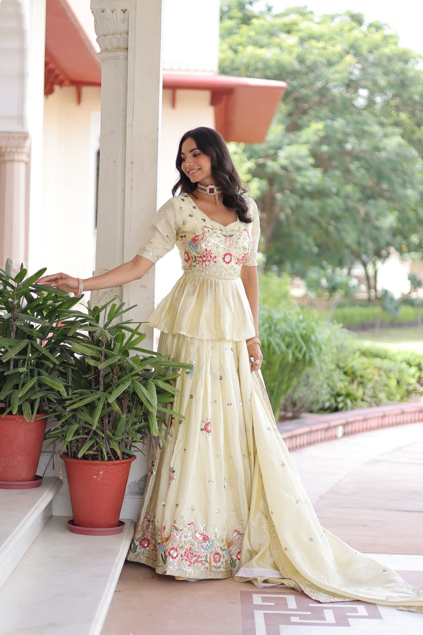 Off White Gold Crush Embroidered Lehenga Choli Set – with Multi Thread Zari & Sequins Work, Designer Peplum Blouse & Heavy Embroidered Dupatta ClothsVilla