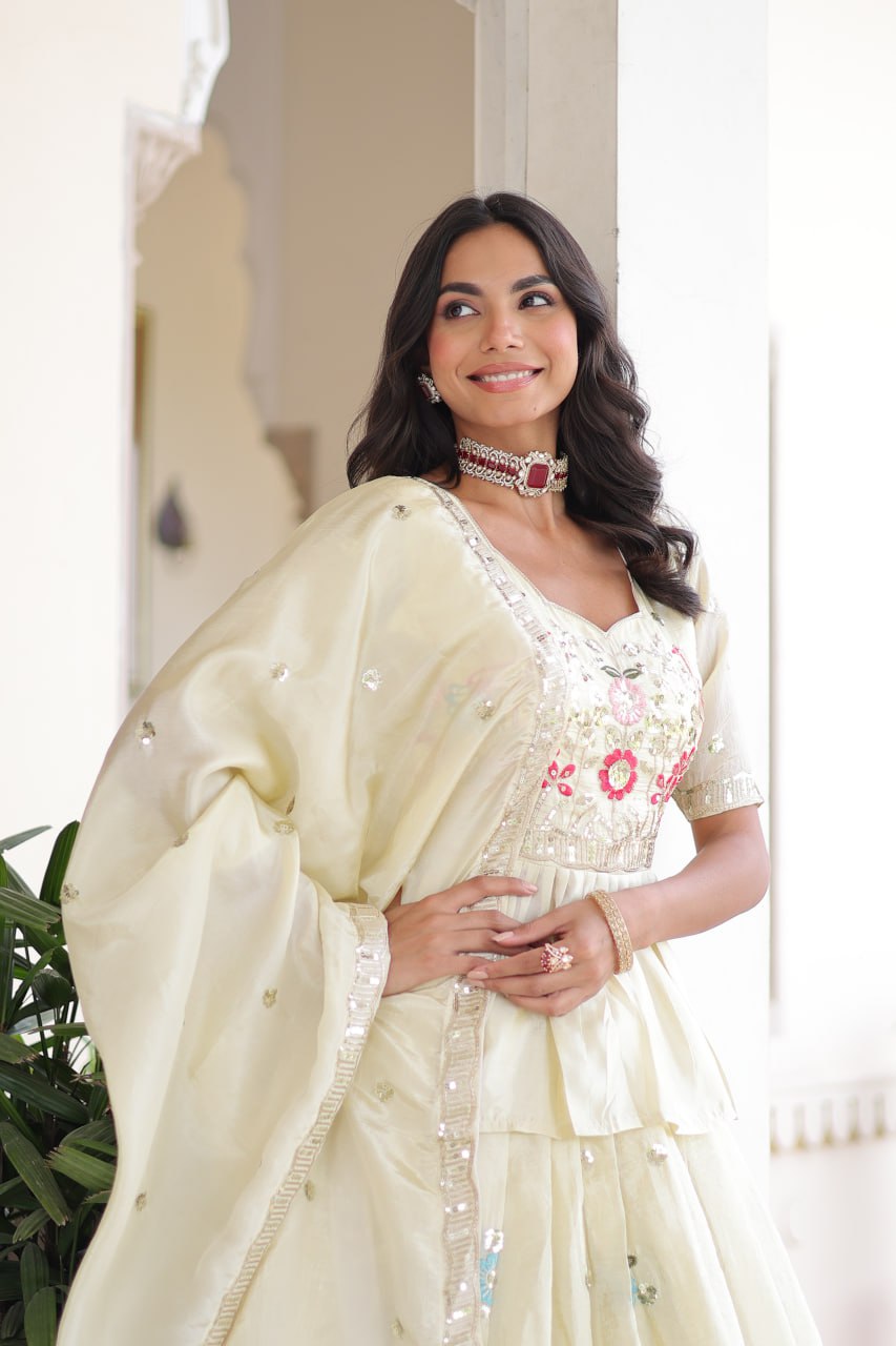 Off White Gold Crush Embroidered Lehenga Choli Set – with Multi Thread Zari & Sequins Work, Designer Peplum Blouse & Heavy Embroidered Dupatta ClothsVilla