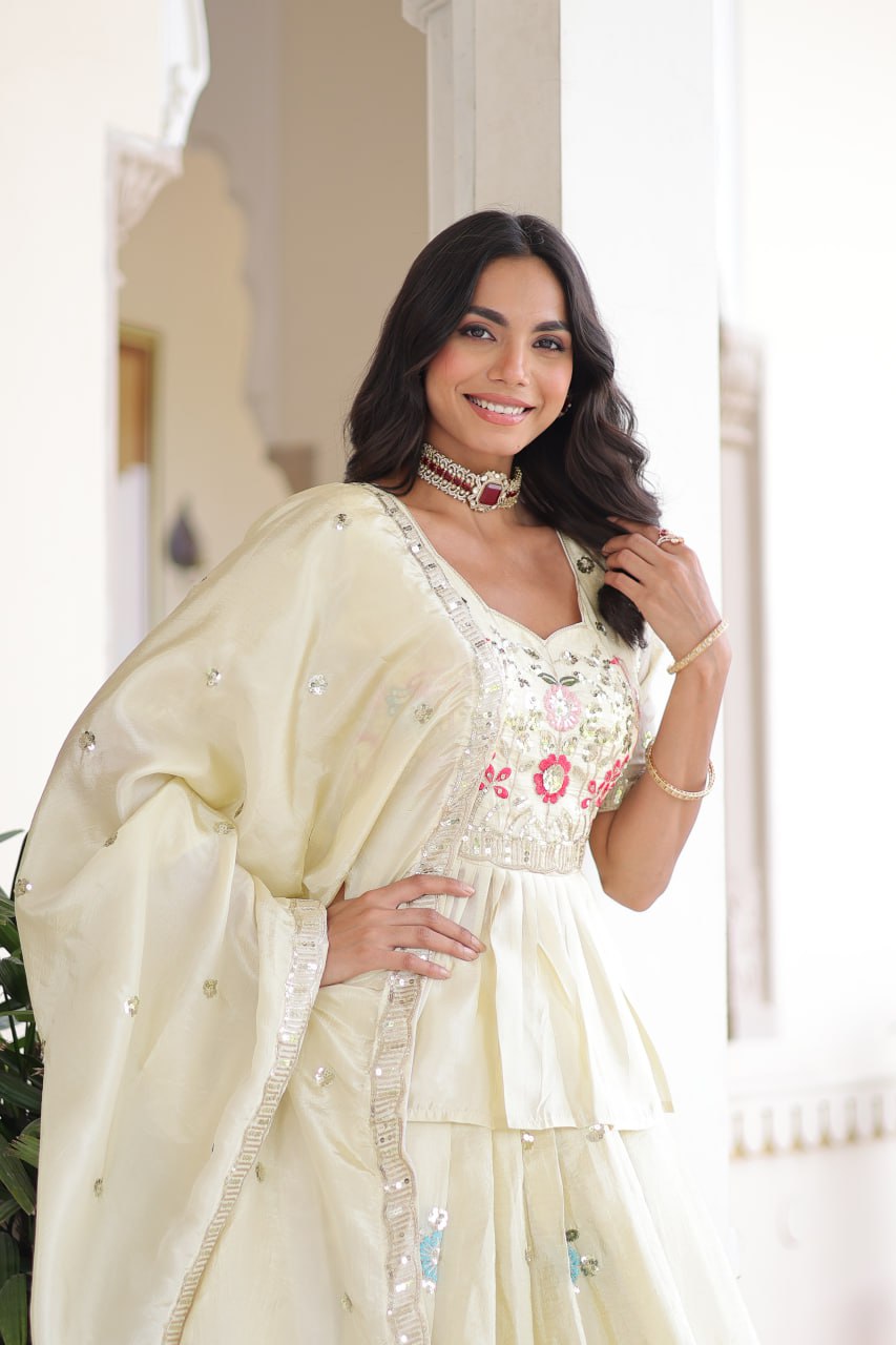 Off White Gold Crush Embroidered Lehenga Choli Set – with Multi Thread Zari & Sequins Work, Designer Peplum Blouse & Heavy Embroidered Dupatta ClothsVilla