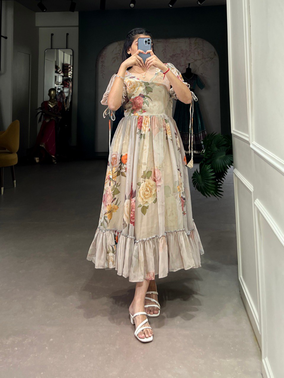 Off White Graceful Floral Georgette Frock – Ethnic Summer Collection